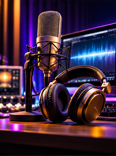 Professional microphone and headphones in a recording studio