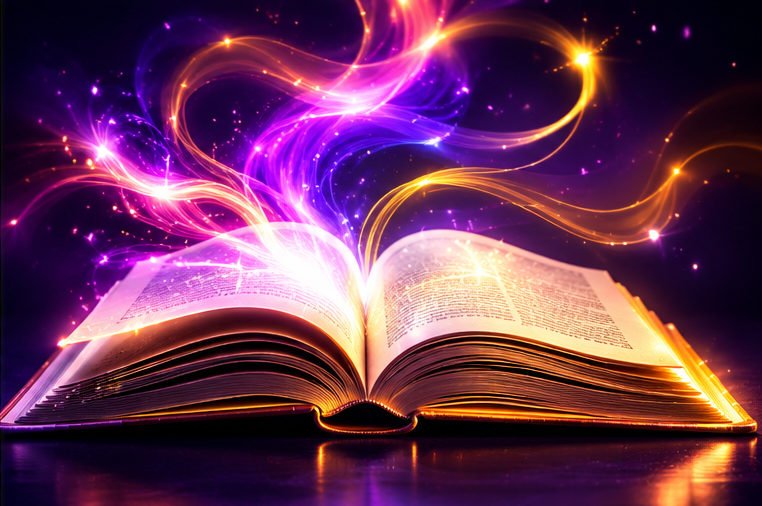 An enchanted book illuminated by violet and gold creative energy