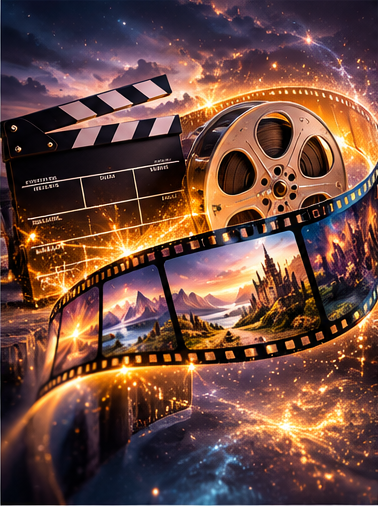 Golden cinematic film reel and storytelling scenes