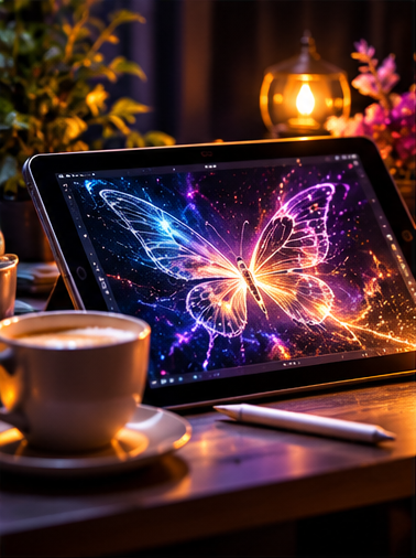 Colourful digital butterfly artwork on a tablet